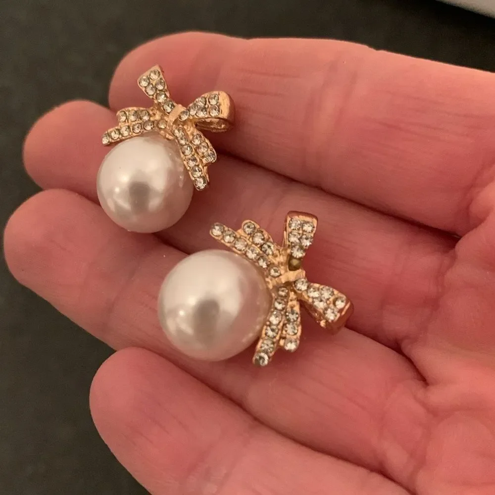 Nina Bridal Faux Pearl & Bow Earrings - Gold Tone with Pavé, Bridesmaids